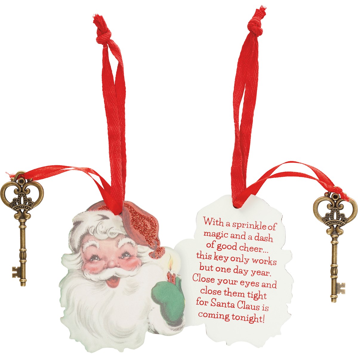 Santa Claus Key Ornament - Wood, Paper, Metal, Ribbon, Glitter