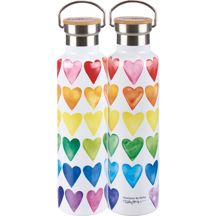 Insulated Bottle - Hearts - 25 oz., 2.75" Diameter x 11.25" - Stainless Steel, Bamboo