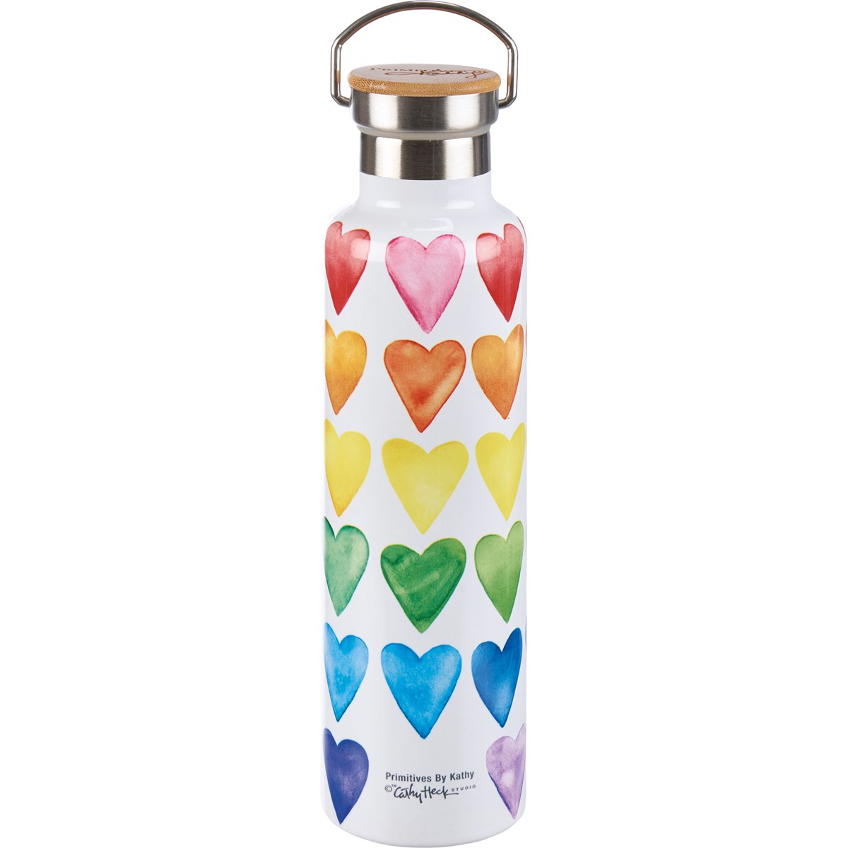 Insulated Bottle - Hearts - 25 oz., 2.75" Diameter x 11.25" - Stainless Steel, Bamboo