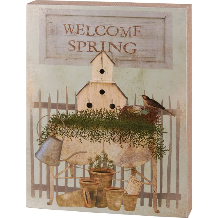 Welcome Spring Box Sign - Wood, Paper