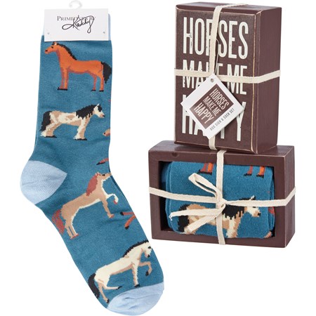 Box Sign & Sock Set - Horses Make Me Happy - Box Sign: 3" x 4.50" x 1.75", Socks: One Size Fits Most - Wood, Cotton, Nylon, Spandex, Ribbon