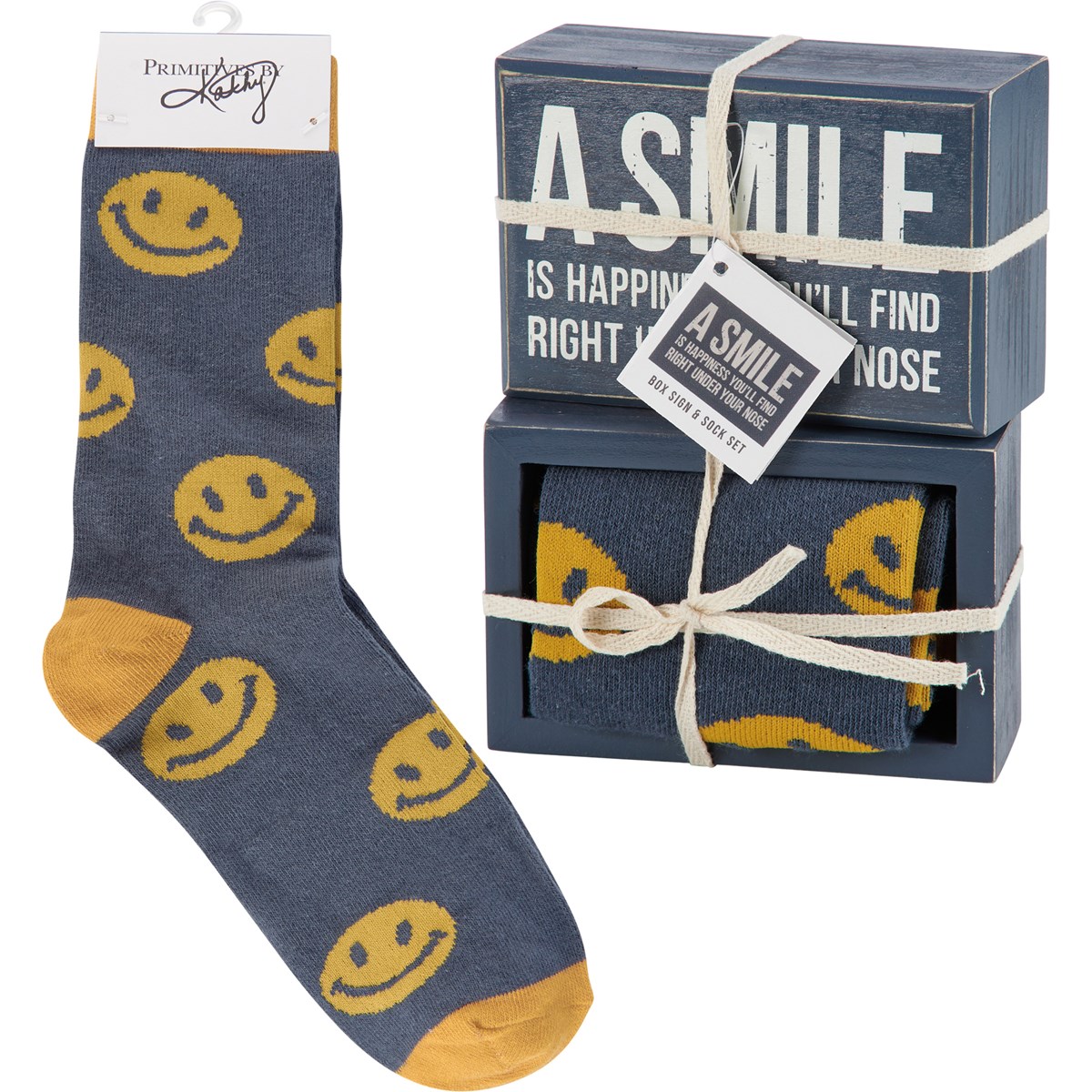 Smile Is Happiness Box Sign And Sock Set - Wood, Cotton, Nylon, Spandex, Ribbon