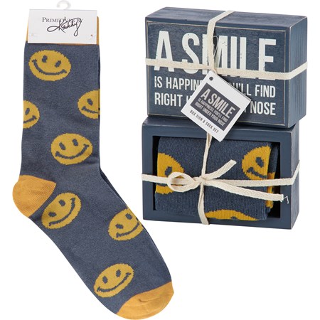 Box Sign & Sock Set - Smile Is Happiness - Box Sign: 4.50" x 3" x 1.75", Socks: One Size Fits Most - Wood, Cotton, Nylon, Spandex, Ribbon