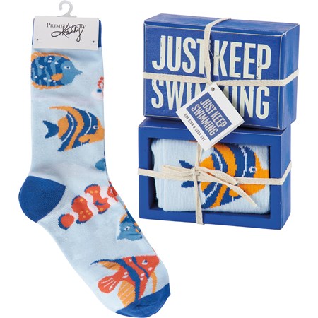 Box Sign & Sock Set - Just Keep Swimming - Box Sign: 4.50" x 3" x 1.75", Socks: One Size Fits Most - Wood, Cotton, Nylon, Spandex, Ribbon