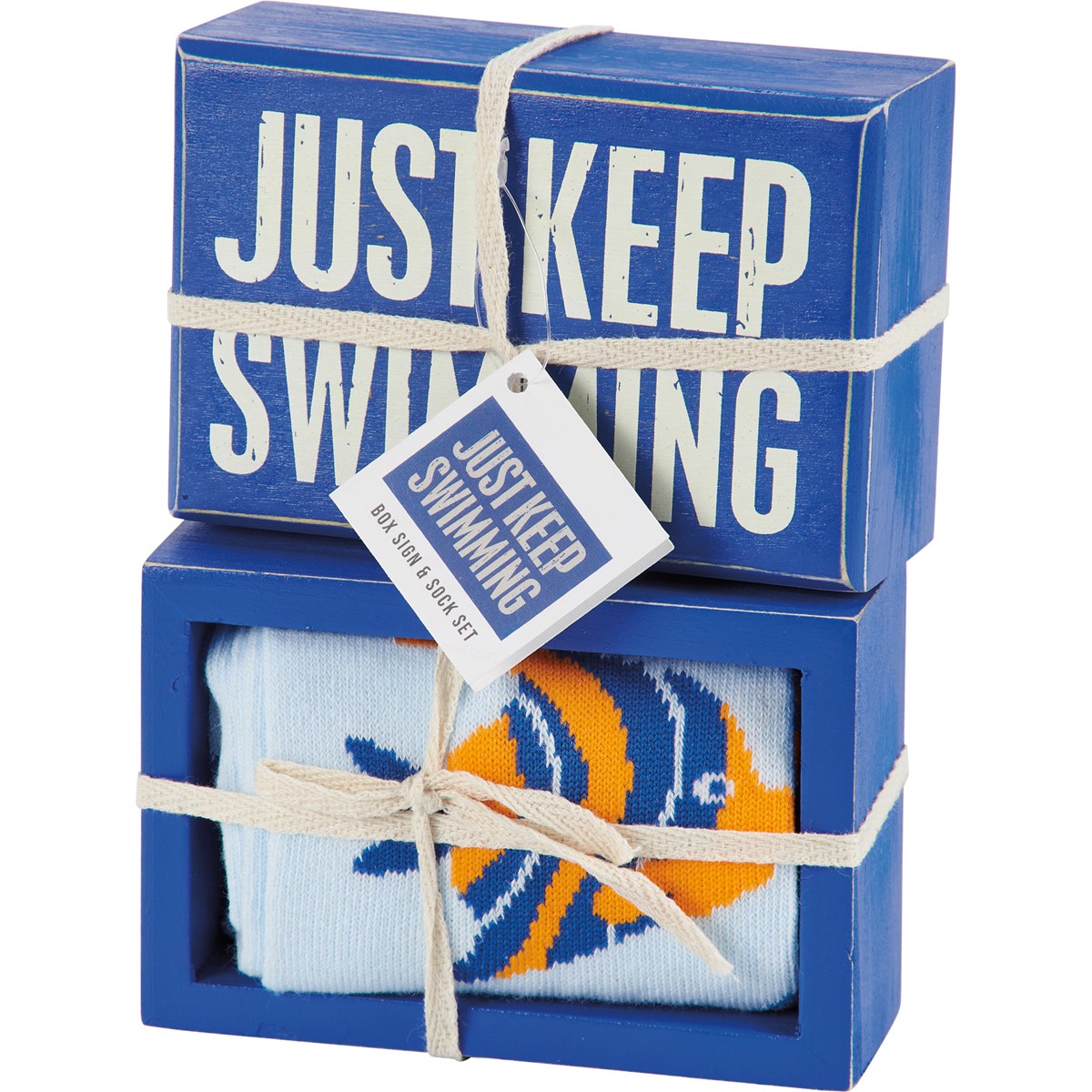 Just Keep Swimming Box Sign And Sock Set - Wood, Cotton, Nylon, Spandex, Ribbon