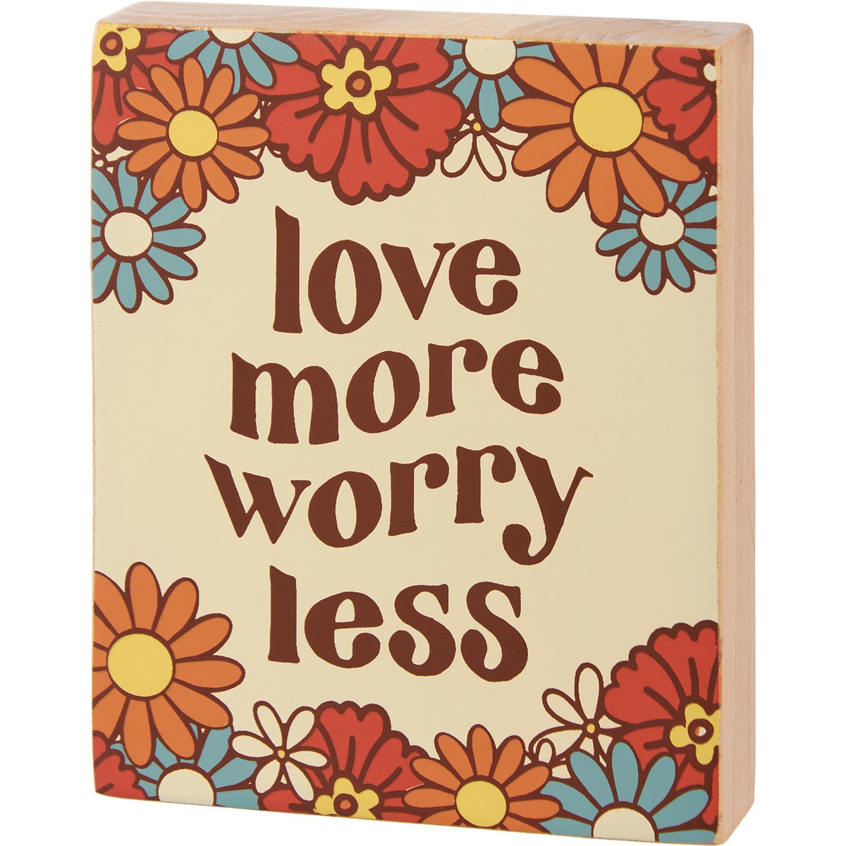 Block Sign - Love More Worry Less - 4" x 5" x 1" - Wood