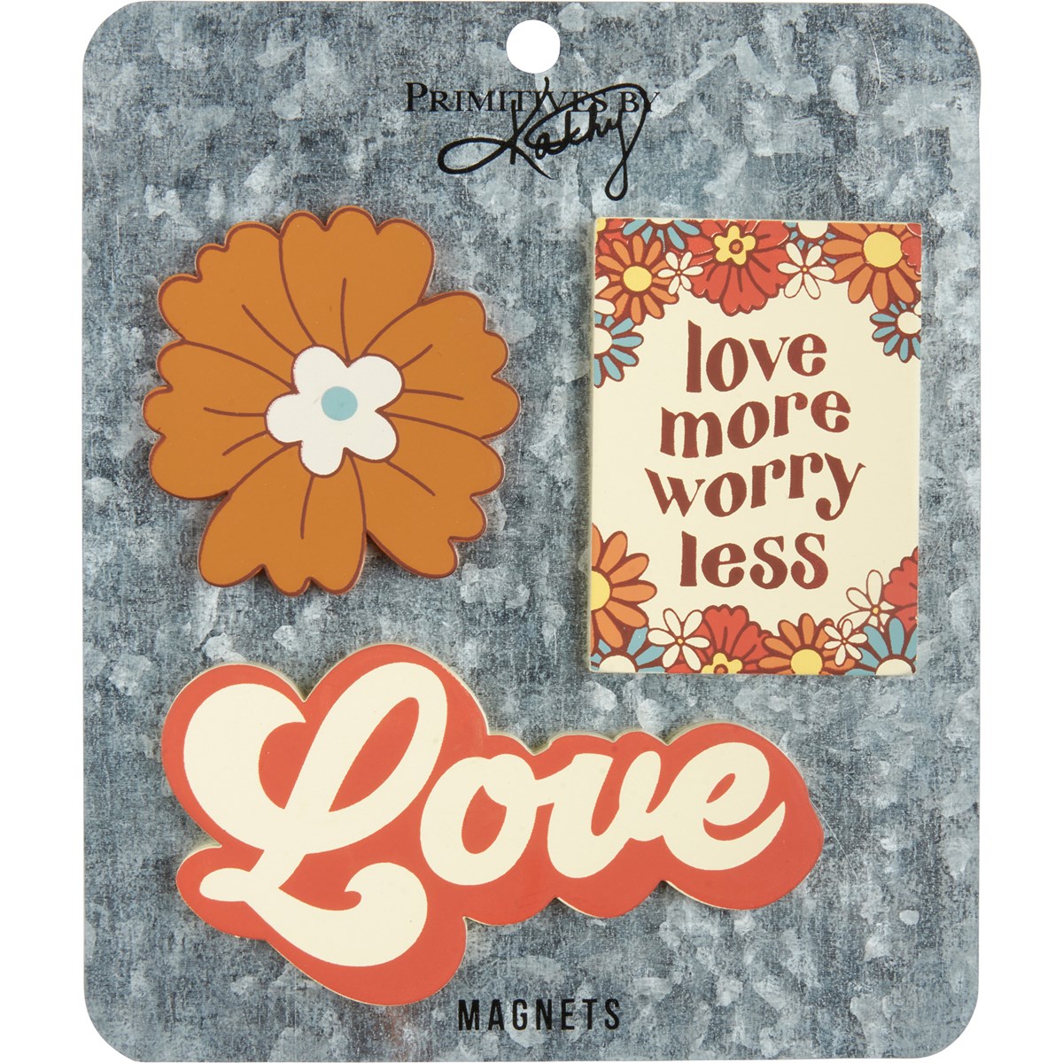 Magnet Set - Love More Worry Less - 4" x 2.25", 2.50" x 2.50", 2" x 2.75", Card: 5.50" x 6.50" - Wood, Metal, Magnet