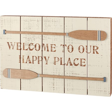 Welcome Our Happy Place Slat Box Sign - Wood