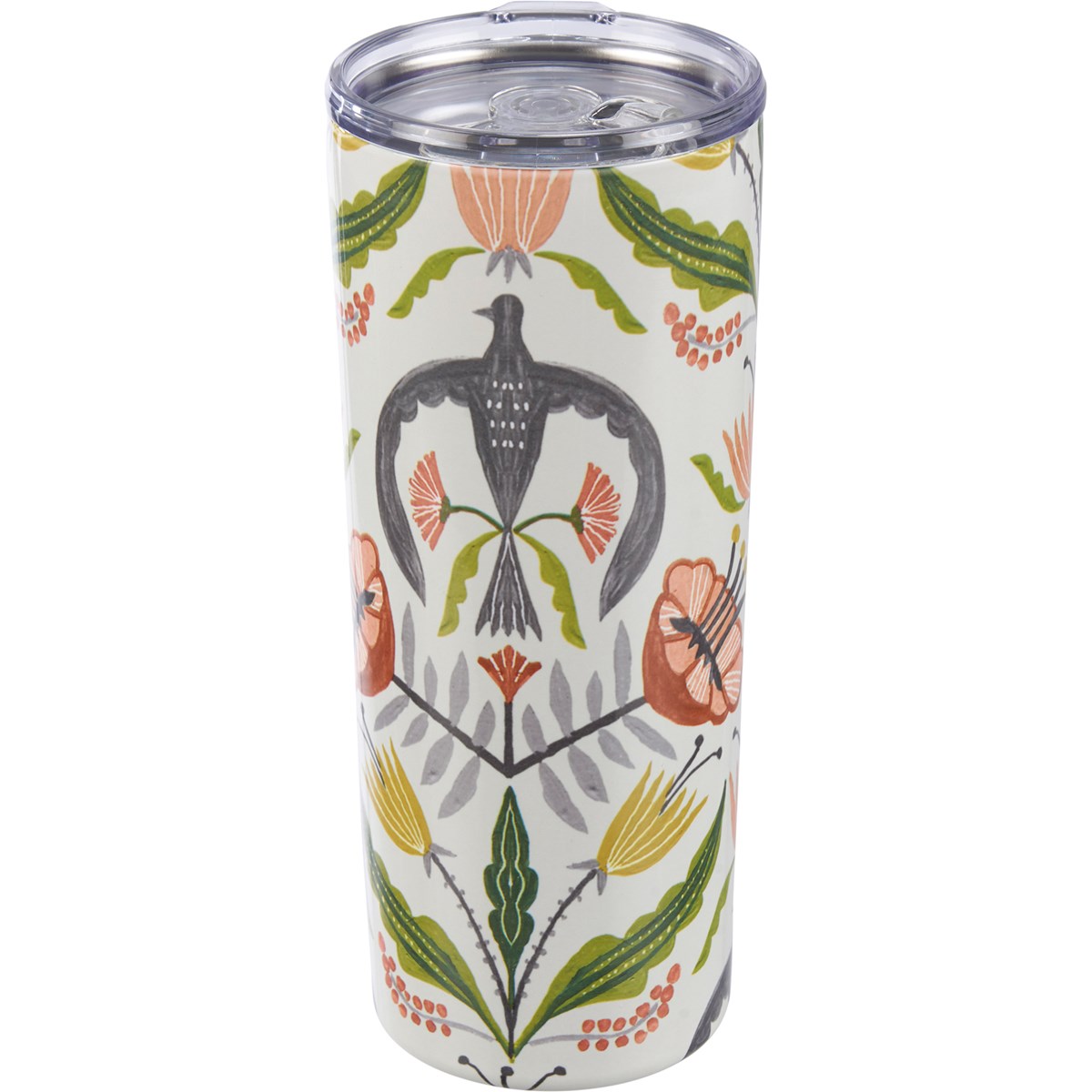 Floral And Birds Coffee Tumbler - Stainless Steel, Plastic