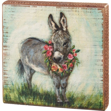 Block Sign - Donkey And Wreath - 5" x 5" x 1" - Wood