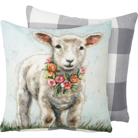 Pillow - Lamb With Wreath - 12" x 12" - Cotton, Zipper