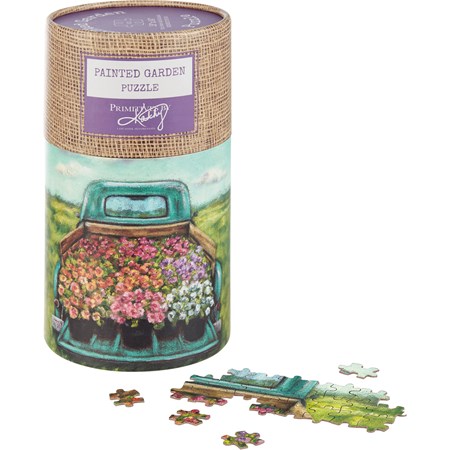 Puzzle - Truck Bed Flowers - Puzzle: 18" x 24", Box: 4.75" Diameter x 8.75" - Paper