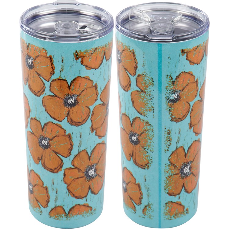 Floral Coffee Tumbler - Stainless Steel, Plastic