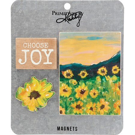 Magnet Set - Sunshine And Sunflowers - 3" x 4", 2" x 1.75", 2" x 1.50", Card: 5.50" x 6.50" - Wood, Paper, Metal, Magnet