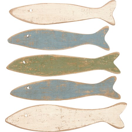 Ornament Set - Minnows - Varying sizes: 6.75" to 7.50" Long x 0.25" - Wood, Metal, Wire