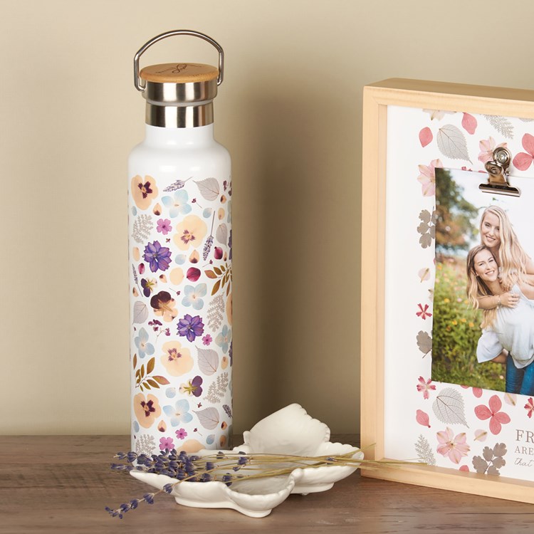 Flowers Insulated Bottle - Stainless Steel, Bamboo