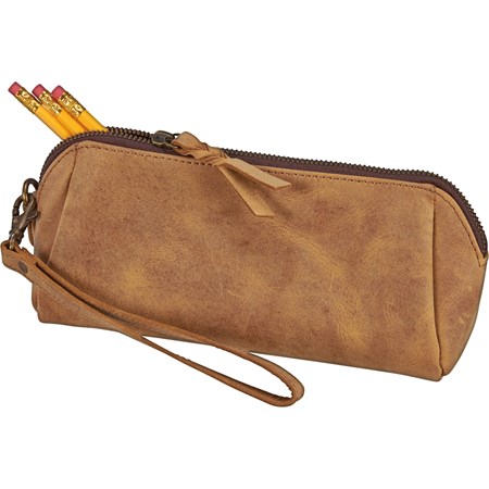 Pencil Pouch - Curry Leather - 4" x 8" x 3" - Leather, Metal