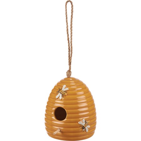 Birdhouse - Bee Skep - 5.25" x 6" x 5" - Ceramic, Wood, Jute