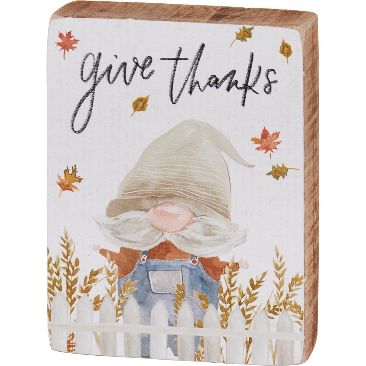 Block Sign - Give Thanks Gnome - 3" x 4" x 1" - Wood, Paper
