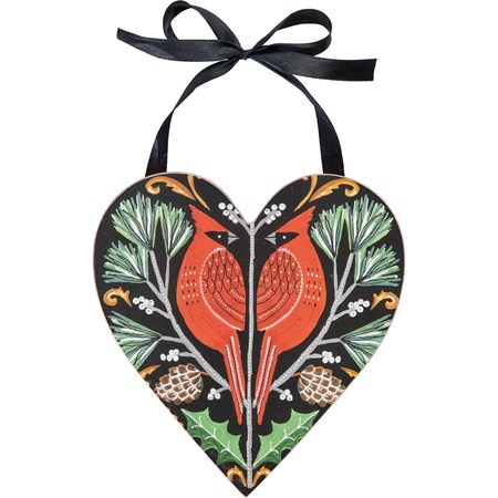 Ornament - Heart Cardinal - 5.50" x 5.75" x 0.25" - Wood, Paper, Ribbon
