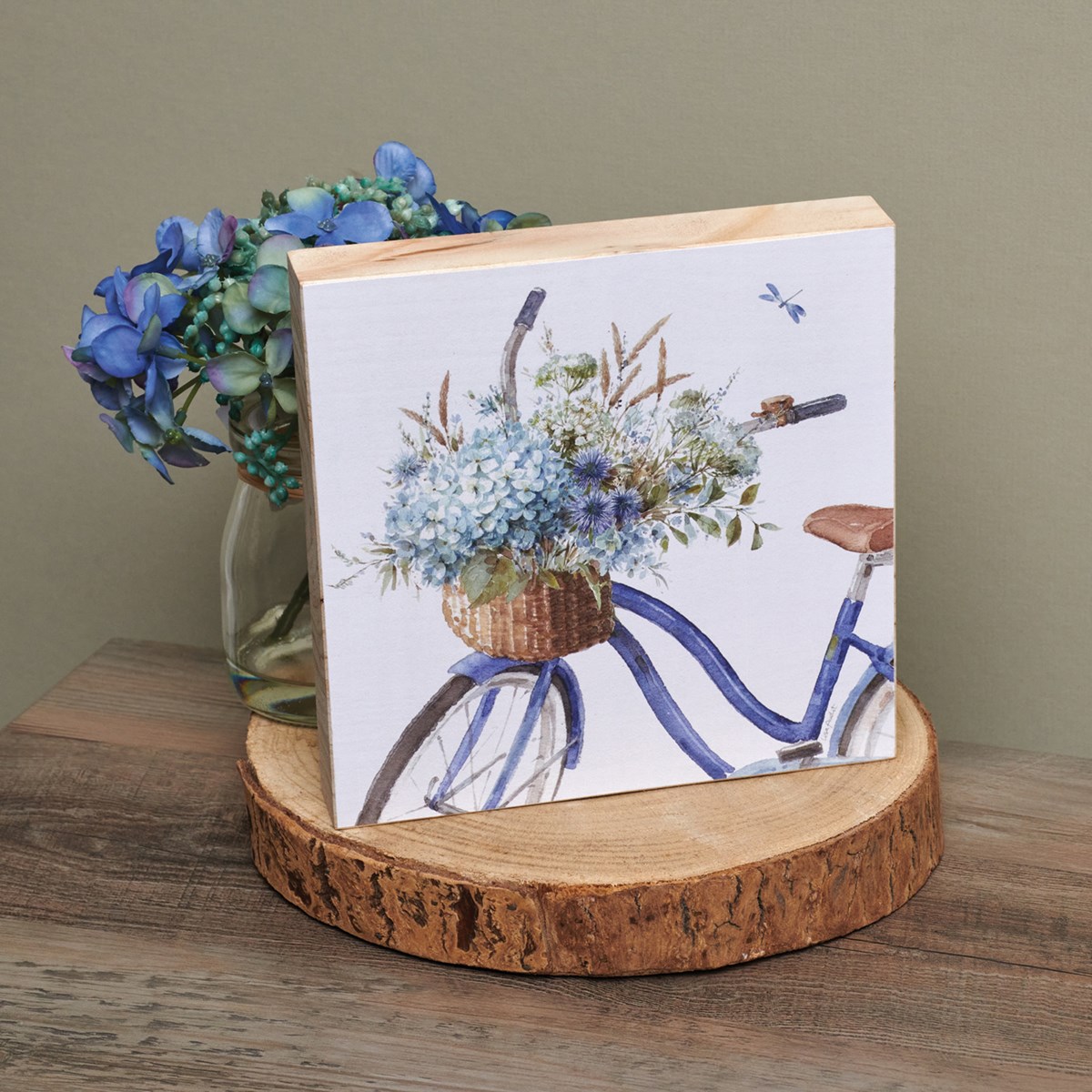 Blue Floral Bike Block Sign - Wood, Paper