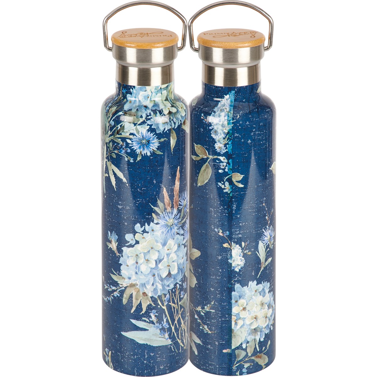 Blue Florals Insulated Bottle - Stainless Steel, Bamboo