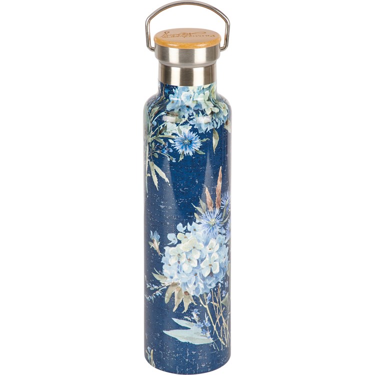 Blue Florals Insulated Bottle - Stainless Steel, Bamboo