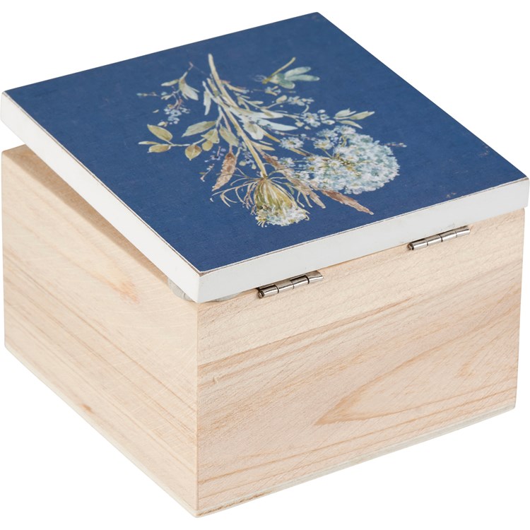 Blue Floral Hinged Box - Wood, Metal