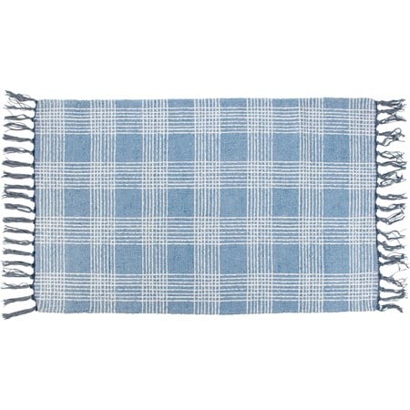 Rug - Blue Plaid - 34" x 20" - Cotton, Chenille, Latex skid-resistant backing