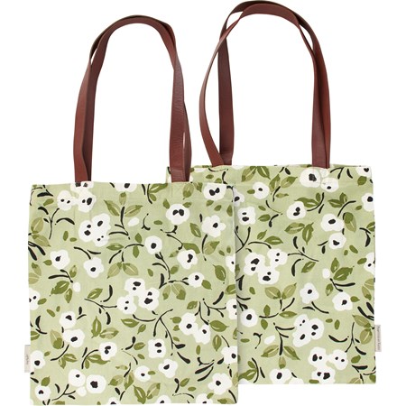 Tote - White Poppies - 14" x 15.50", 12" Handle Drop - Cotton, Faux Leather