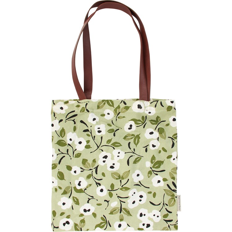 White Poppies Tote - Cotton, Faux Leather
