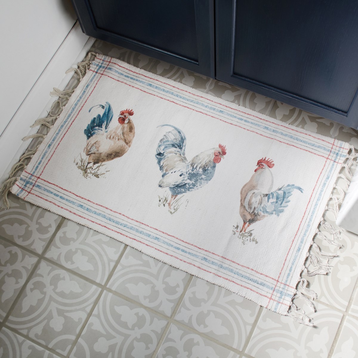 Rooster Trio Rug - Cotton, Chenille, Polyester, Latex skid-resistant backing