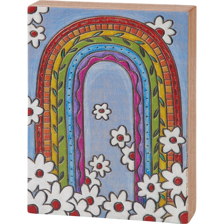 Rainbow And Flowers Block Sign - Wood