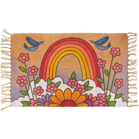 Rug - Rainbow And Flowers - 34" x 20" - Cotton, Chenille, Latex skid-resistant backing