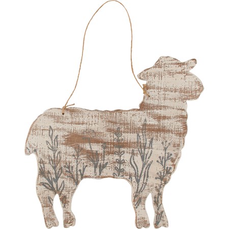 Hanging Decor - Floral Sheep - 11.50" x 10" x 0.25" - Wood, Jute