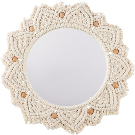Beaded Macrame Mirror - Mirror, Cotton, Wood, Metal