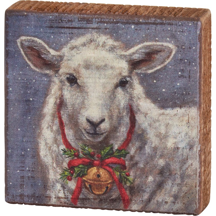 Sheep With Bell Block Sign - Wood
