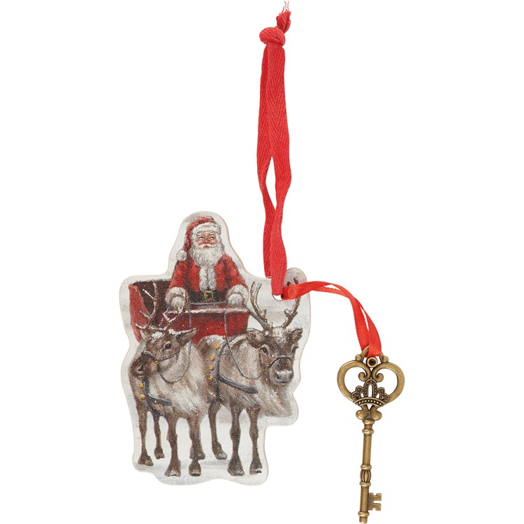 Santa's Sleigh Key Ornament - Wood, Metal, Ribbon