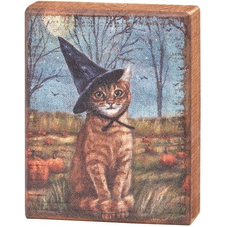 Cat As A Witch Block Sign - Wood