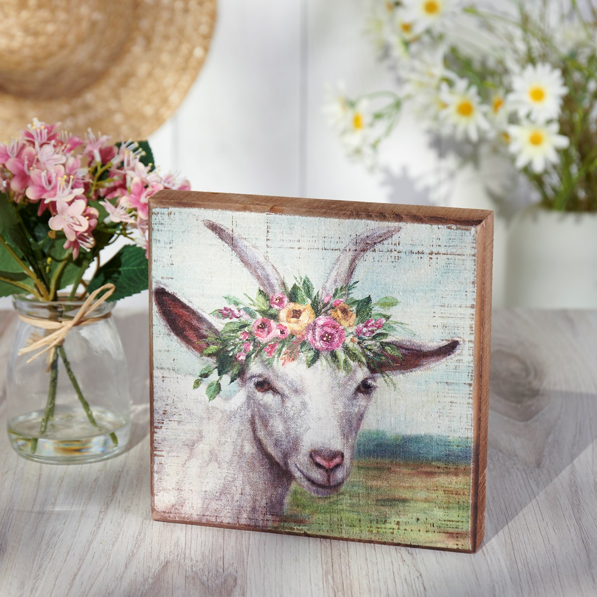 Floral Crown Goat  Block Sign - Wood