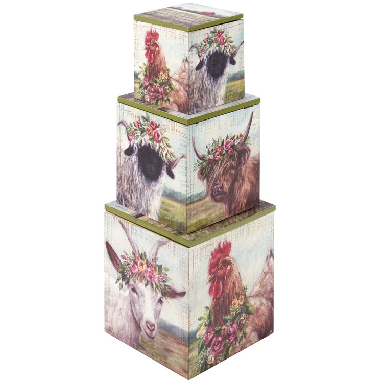 Floral Animal Hinged Box Set - Wood, Metal