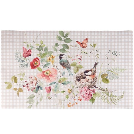 Chickadees And Gingham Rug - Polyester, PVC Skid-resistant backing