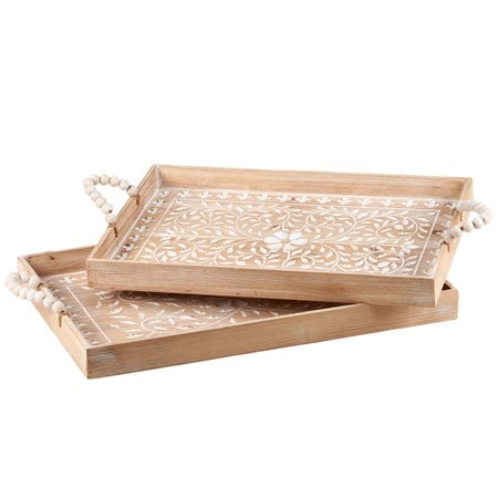 Floral Tray Set - Wood, Rope, Beads