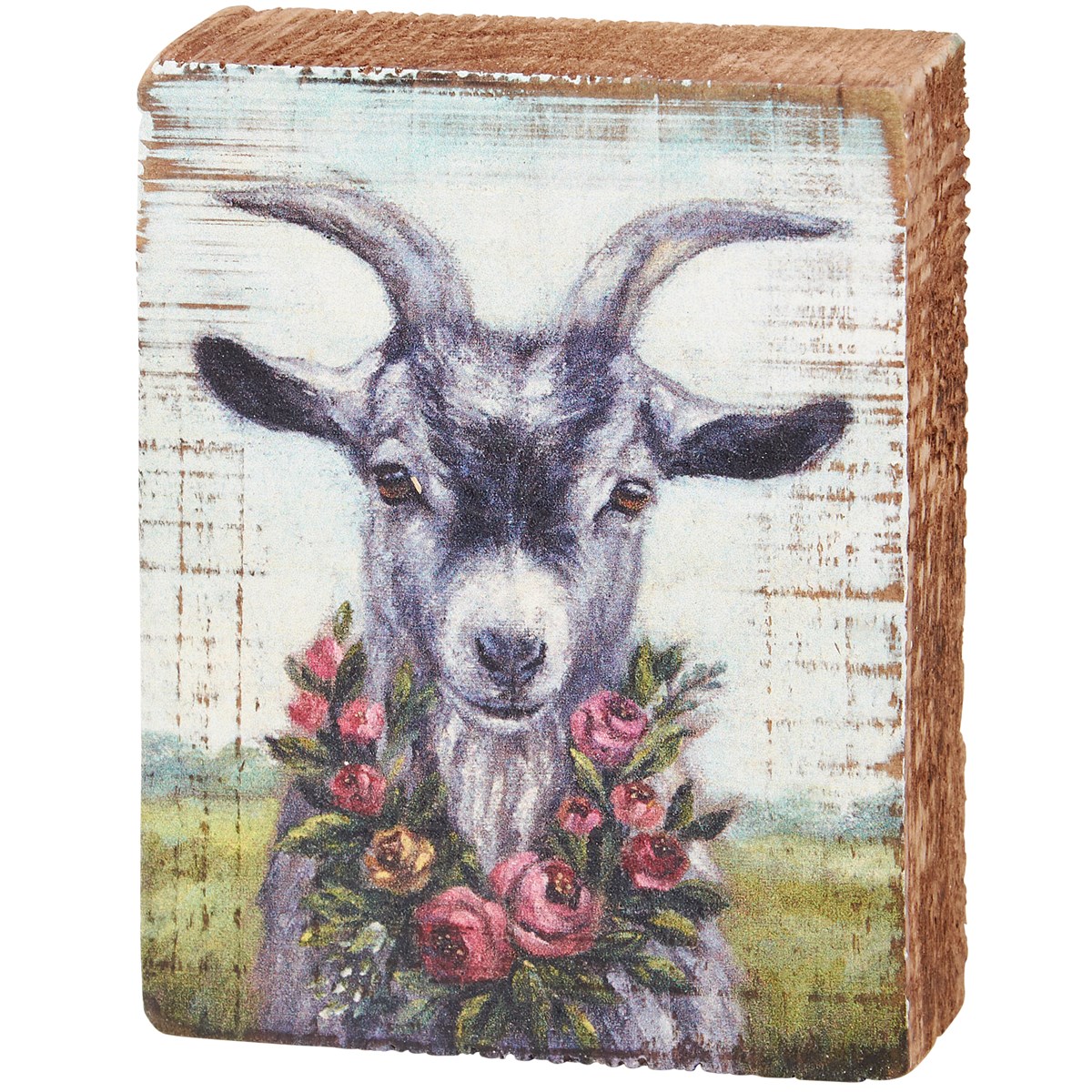 Floral Goat Block Sign - Wood