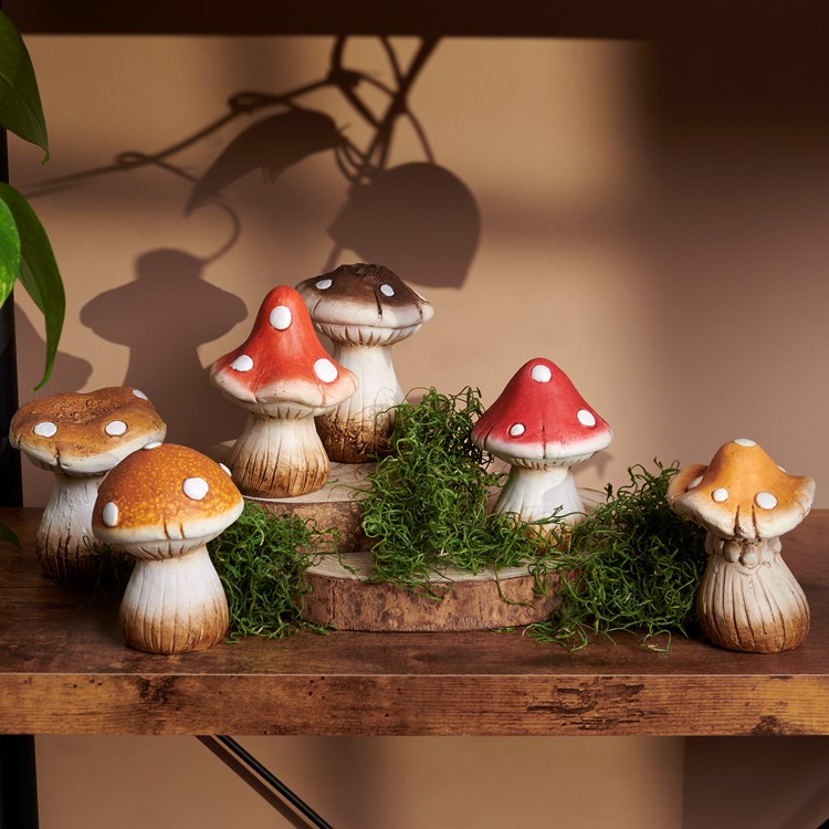 Medium Mushrooms Figurine Set - Stoneware, Wood