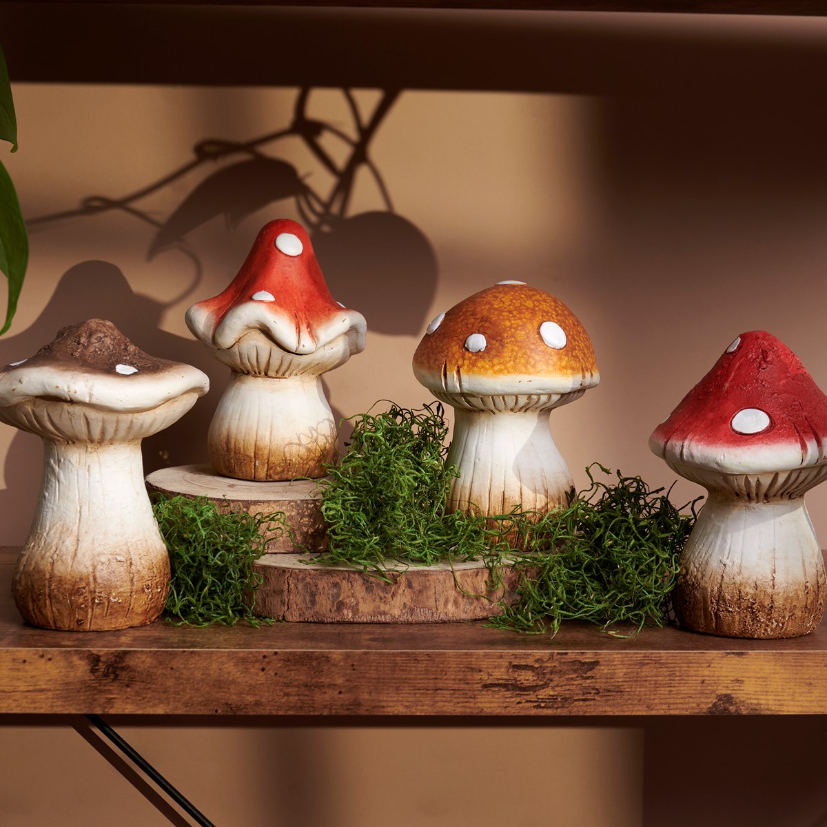 Large Mushrooms Figurine Set - Stoneware, Wood