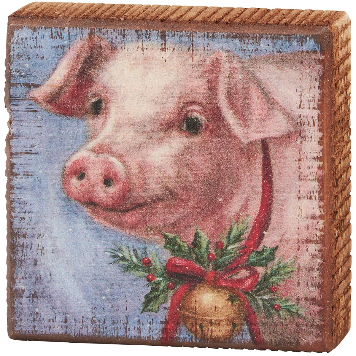 Festive Pig Block Sign - Wood