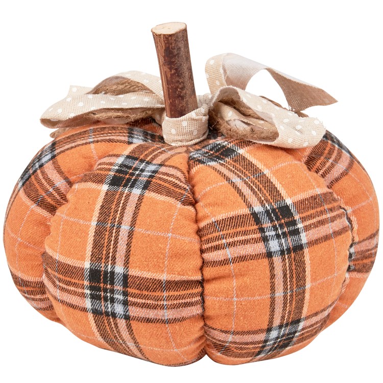 Large Orange Plaid Pumpkin - Polyester, Sand, Wood