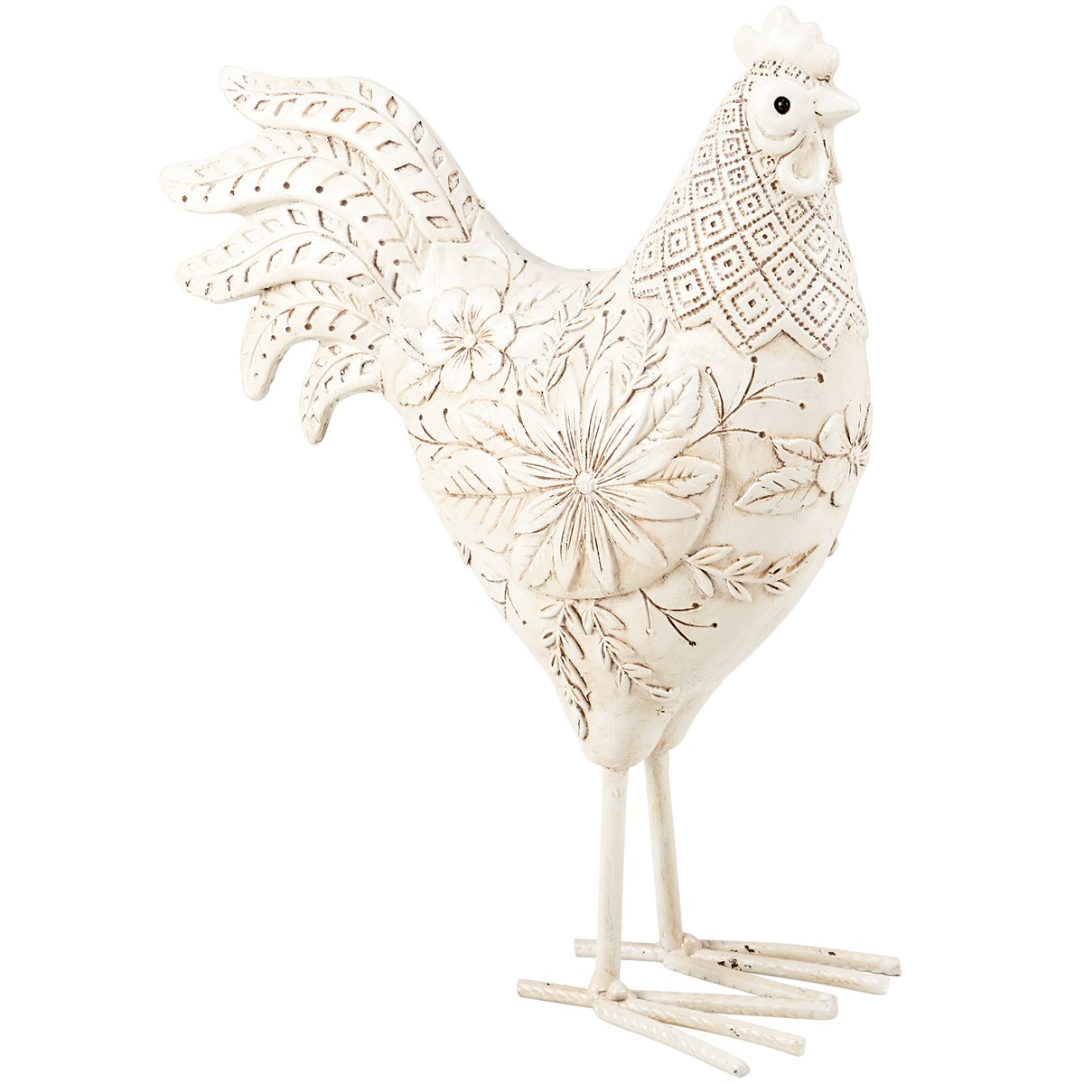 Floral Rooster Figurine - Resin, Metal