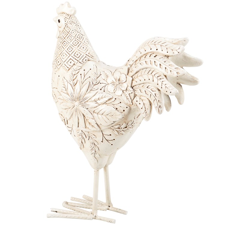 Floral Rooster Figurine - Resin, Metal